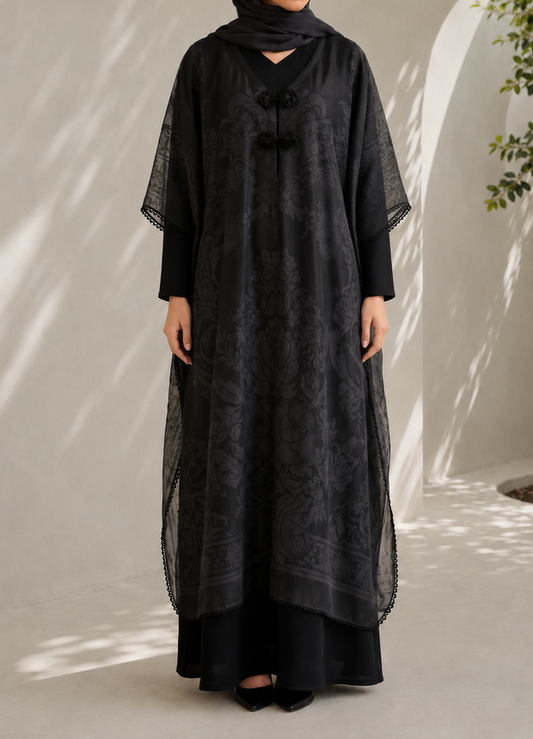Narin 12: Deep Black & Charcoal Floral Layered Set